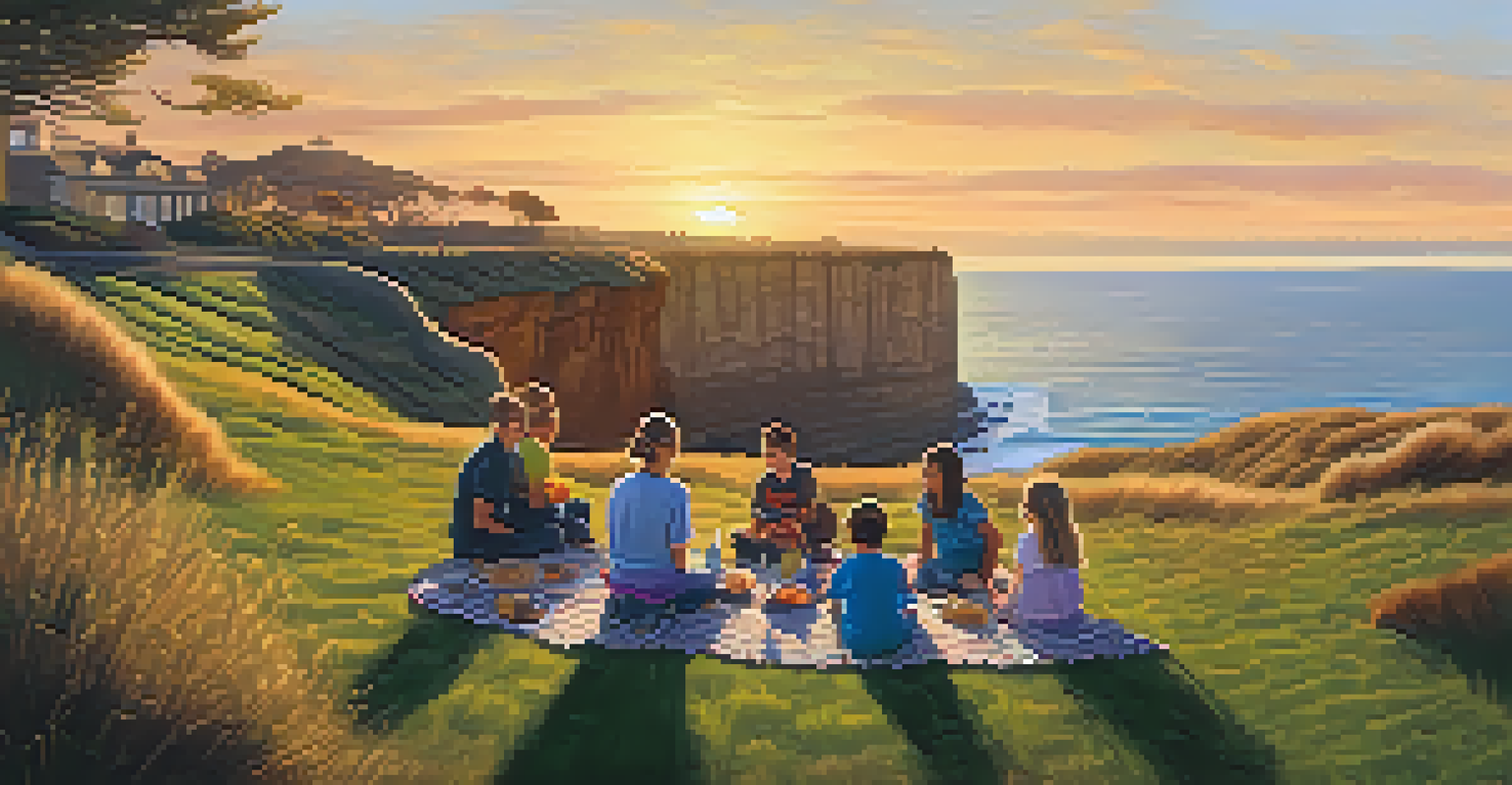 Families relaxing at Sunset Cliffs Natural Park during sunset, with a picnic on the grassy cliffs overlooking the ocean.