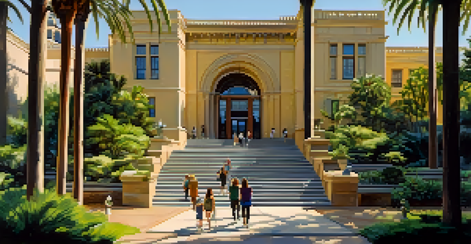 Exterior view of the San Diego History Center in Balboa Park with people entering, surrounded by greenery and sunlight.