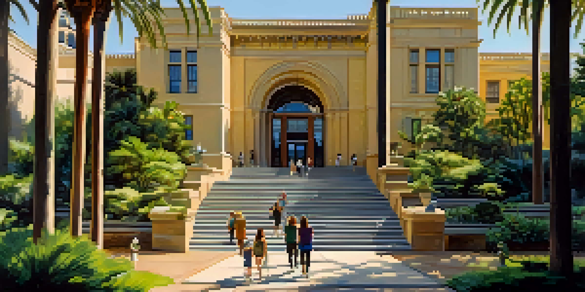 Exterior view of the San Diego History Center in Balboa Park with people entering, surrounded by greenery and sunlight.