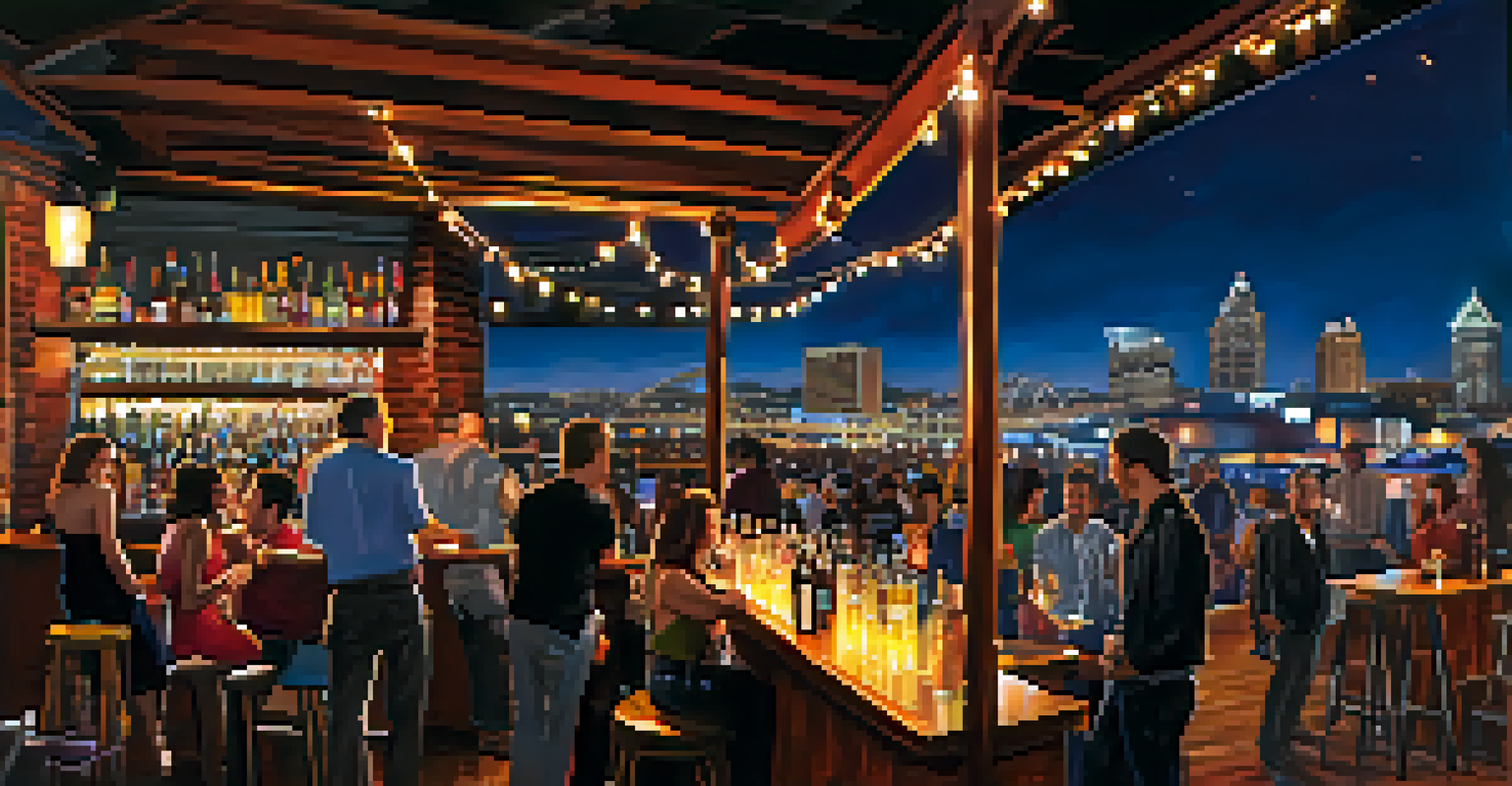 A rooftop bar scene in the Gaslamp Quarter at night, featuring patrons enjoying drinks with a twinkling city skyline in the background.