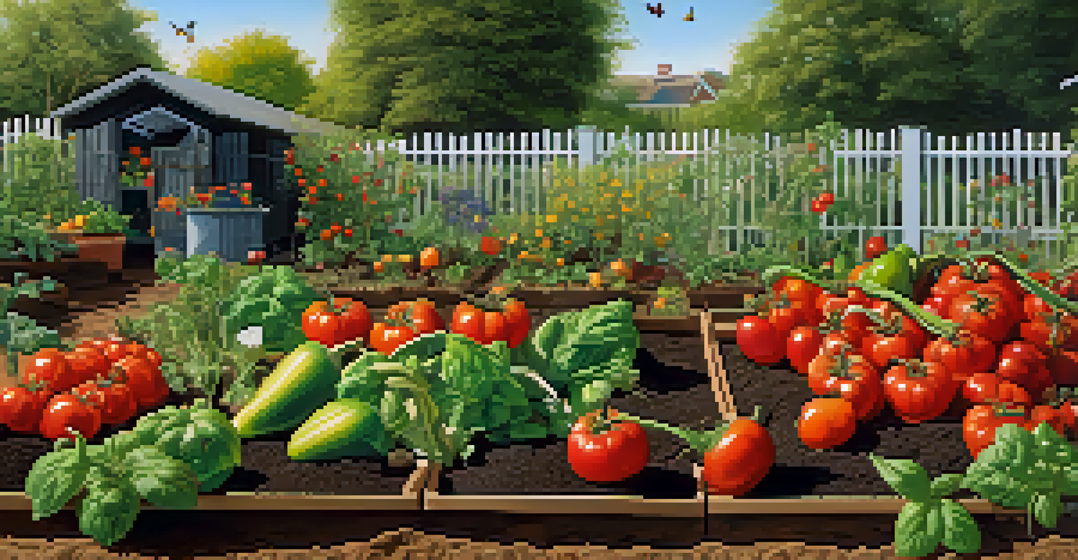 A close-up view of a vegetable patch with ripe tomatoes and bell peppers in a community garden, with bees and butterflies nearby.