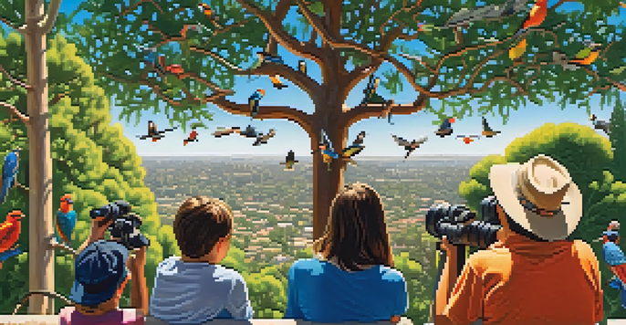 A family enjoying birdwatching in a park, observing colorful birds among green trees under a blue sky.