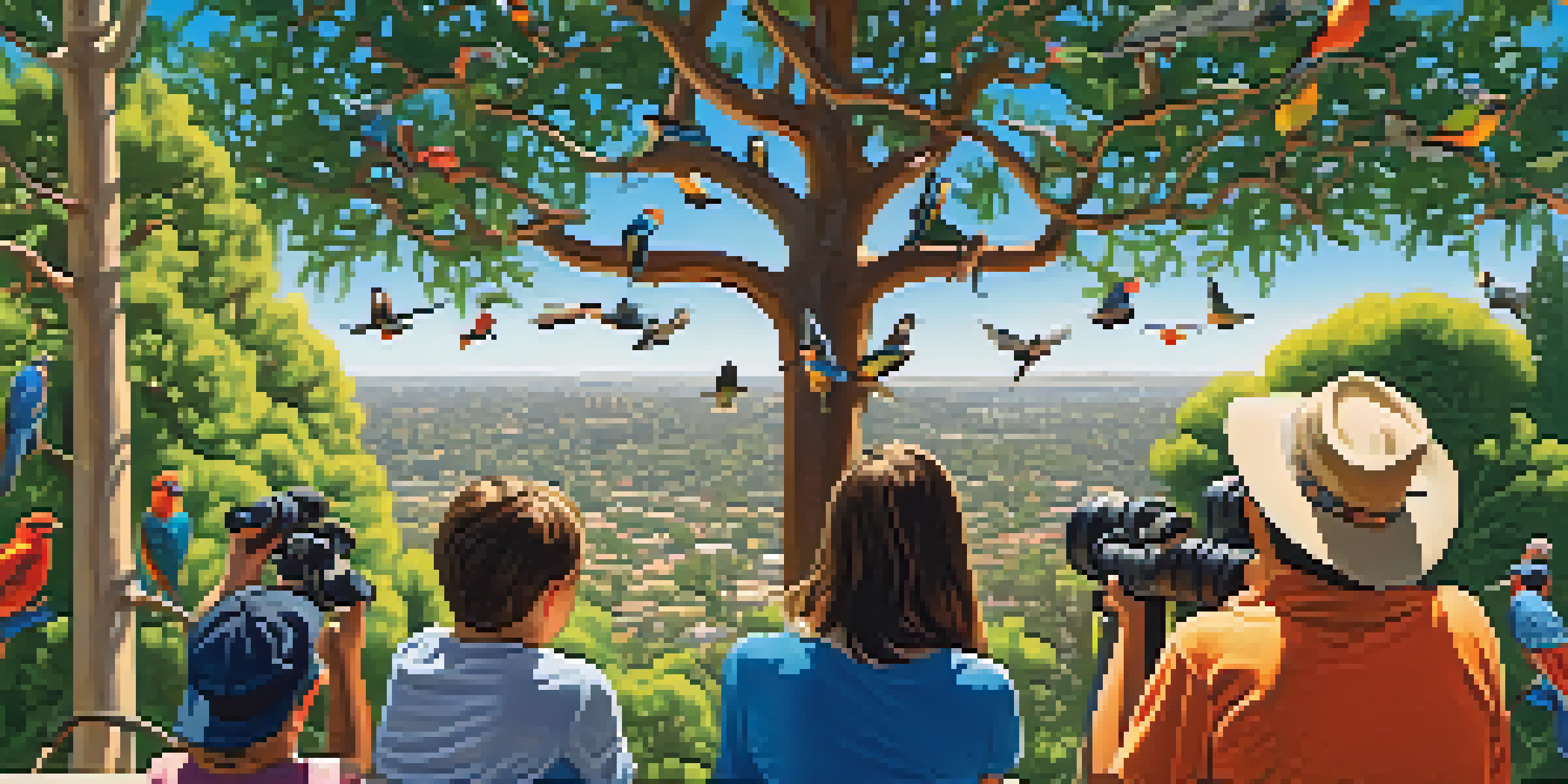 A family enjoying birdwatching in a park, observing colorful birds among green trees under a blue sky.