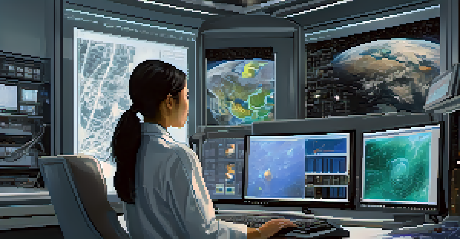 A researcher in a lab focused on space exploration technology, illuminated by soft light.