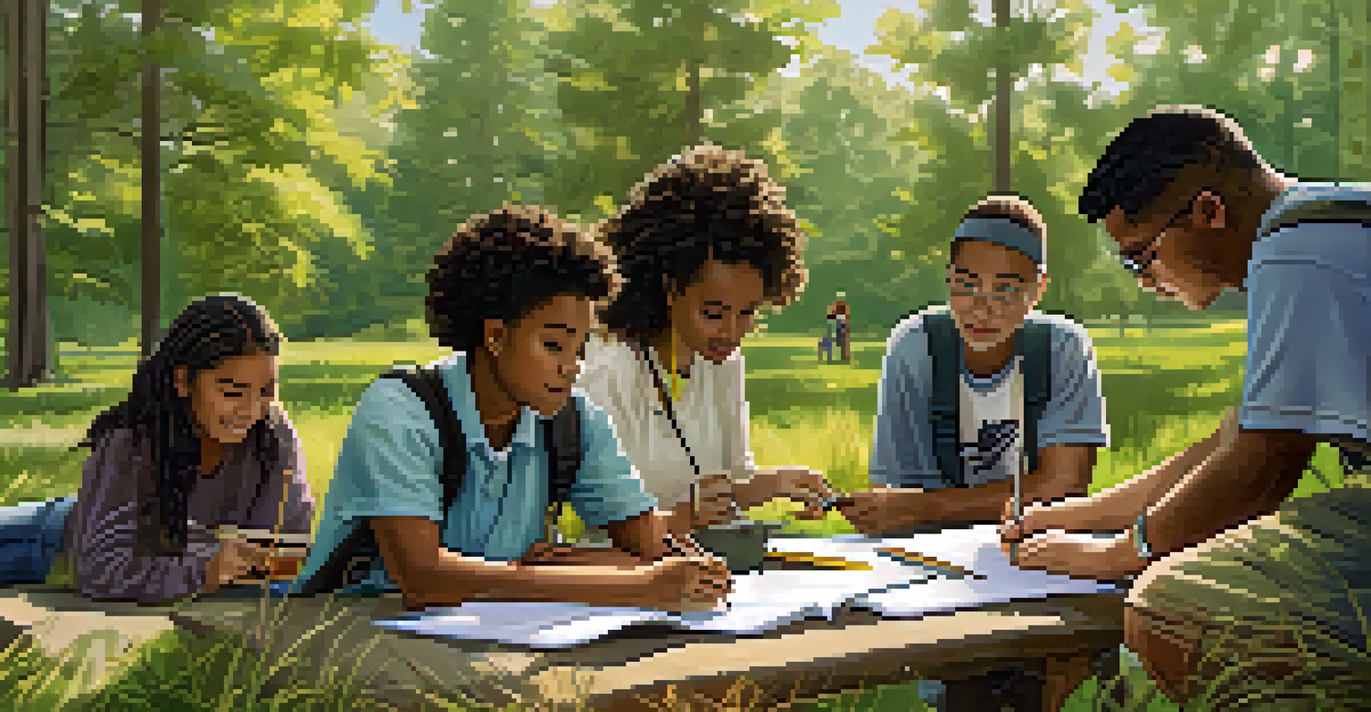 Students engaged in outdoor project-based learning, researching environmental issues amidst nature.
