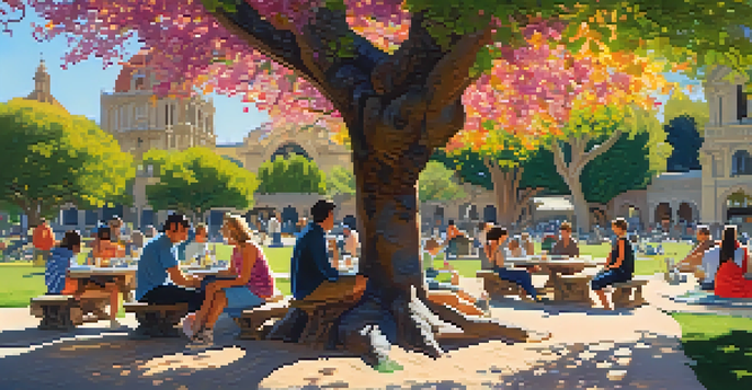 A lively picnic in Balboa Park with a colorful blanket, blooming flowers, and people enjoying their time together under a tree.