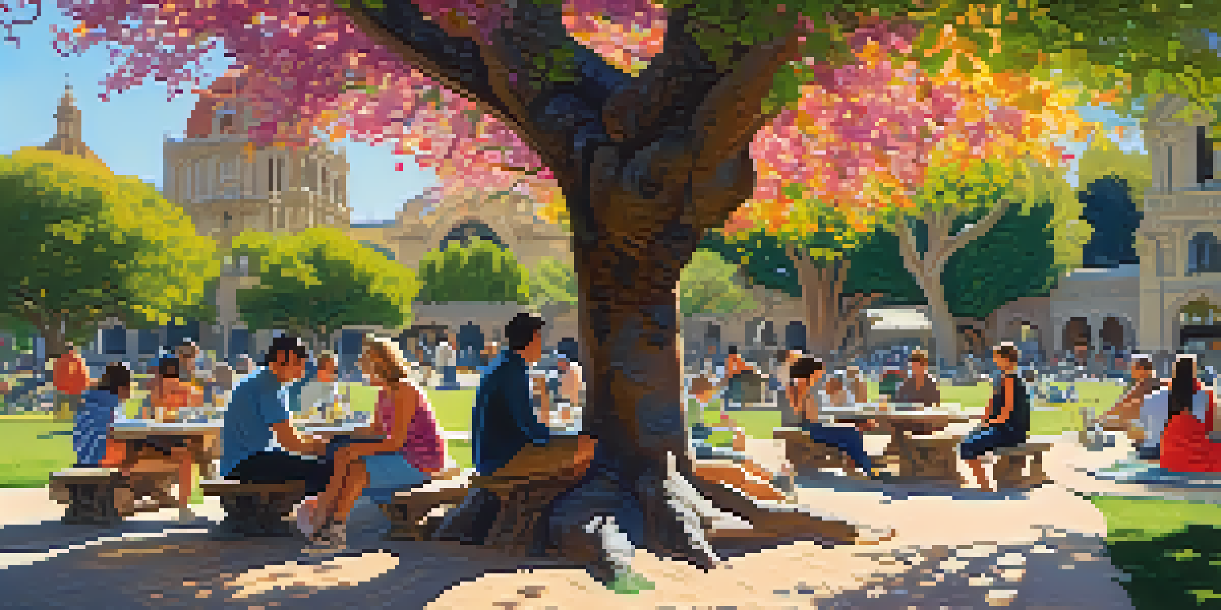 A lively picnic in Balboa Park with a colorful blanket, blooming flowers, and people enjoying their time together under a tree.