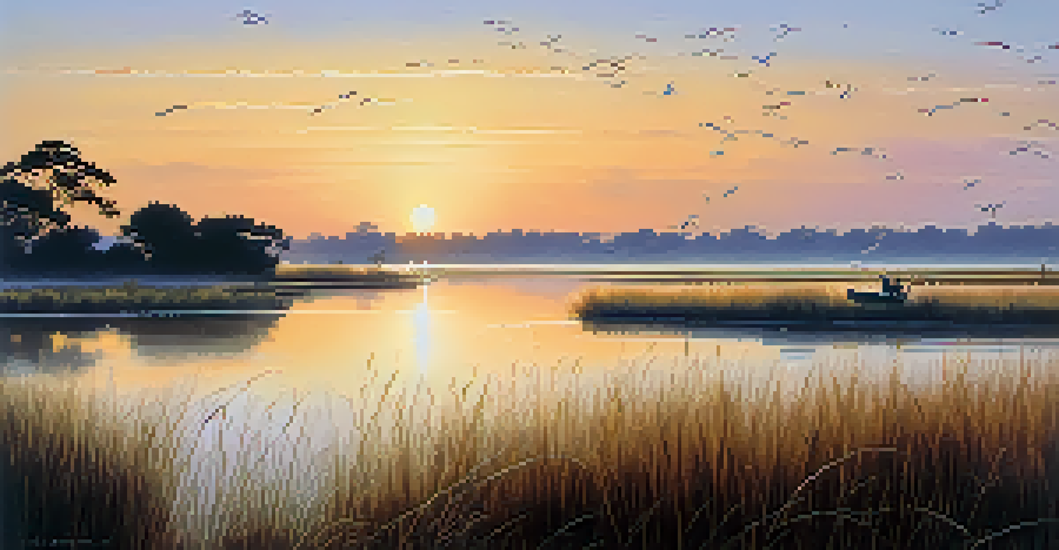 A calm estuary at dawn with reflective waters, tall grasses, and birds wading in the shallow parts.