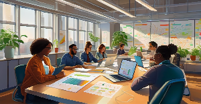 A group of diverse researchers collaborating in a bright room with laptops and charts.