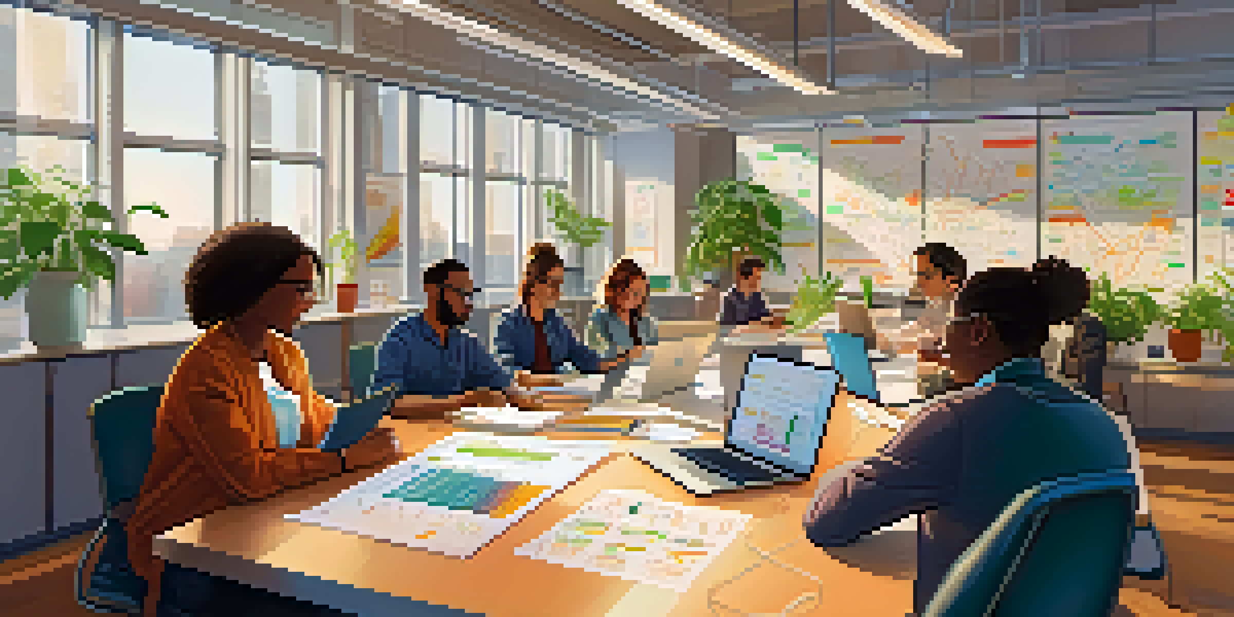 A group of diverse researchers collaborating in a bright room with laptops and charts.