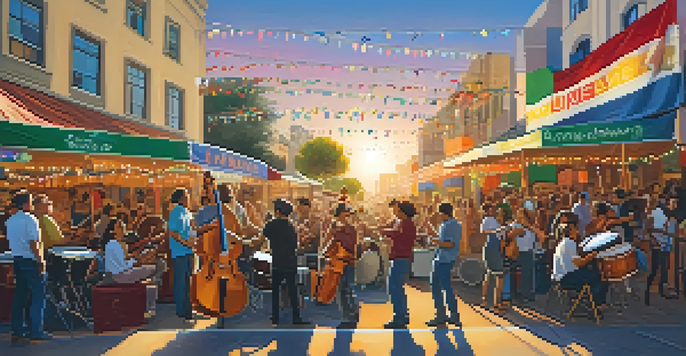 A lively outdoor festival in San Diego with diverse musicians performing at sunset, surrounded by an engaged crowd and colorful decorations.