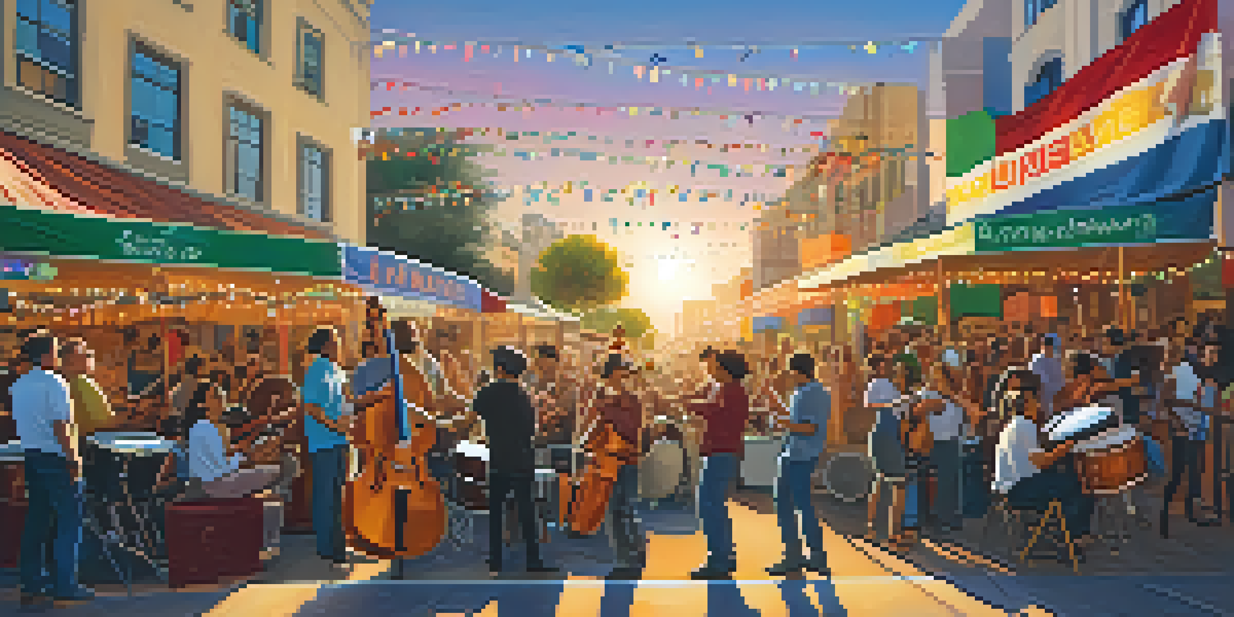 A lively outdoor festival in San Diego with diverse musicians performing at sunset, surrounded by an engaged crowd and colorful decorations.