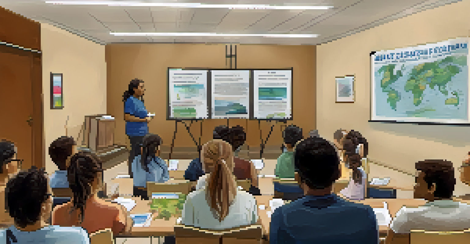 A facilitator leading a water conservation workshop in a classroom, with engaged participants taking notes and educational posters in the background.