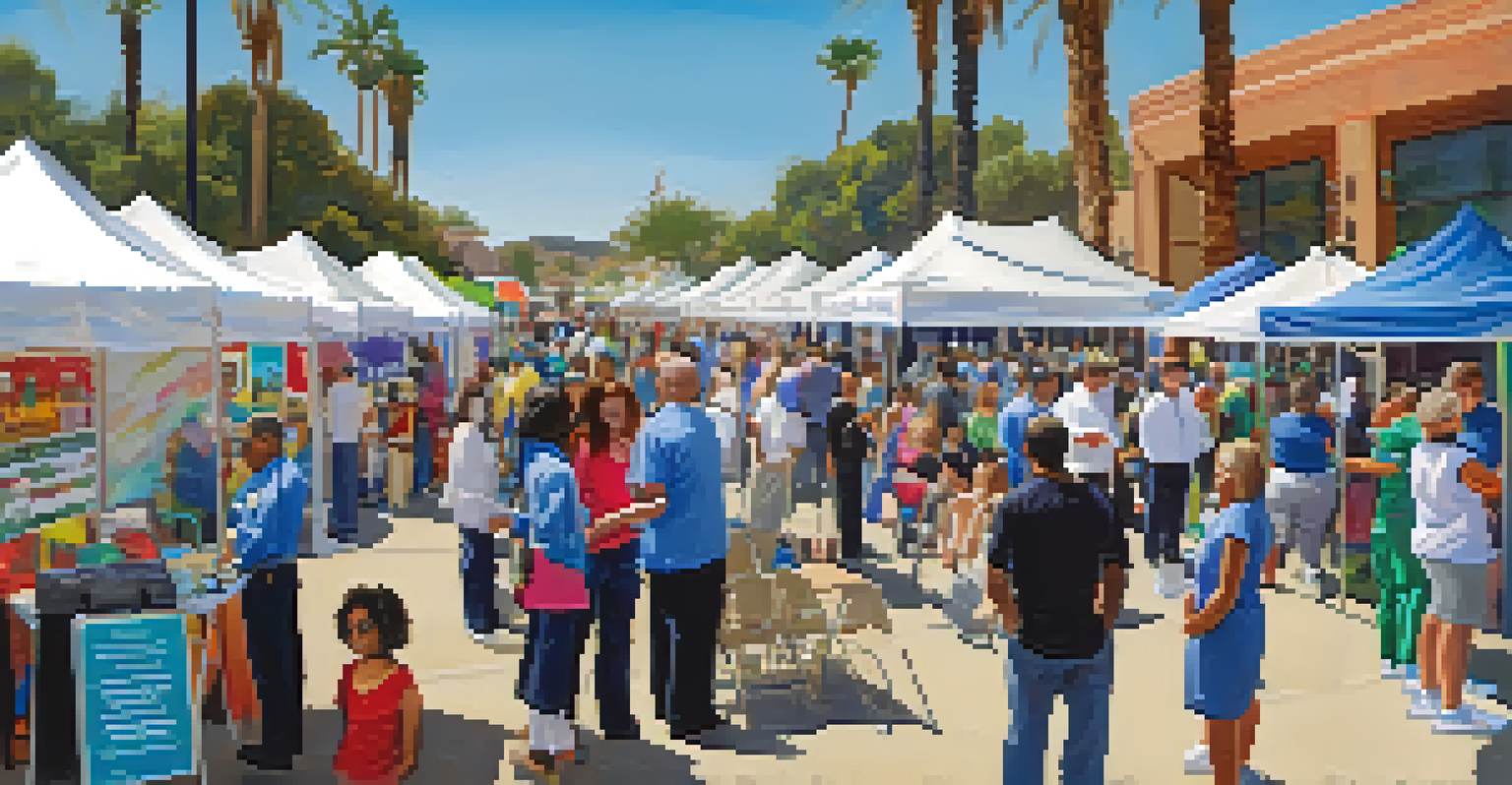 A vibrant community health fair with military healthcare professionals offering screenings and families interacting at booths.