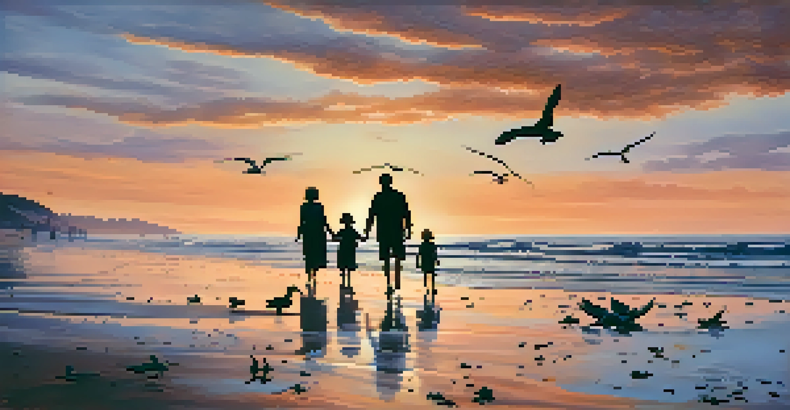 A family walking on the beach at sunset with tide pools filled with marine life.