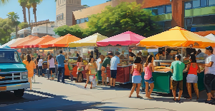 A colorful street food scene in San Diego with diverse food trucks and people enjoying various dishes.