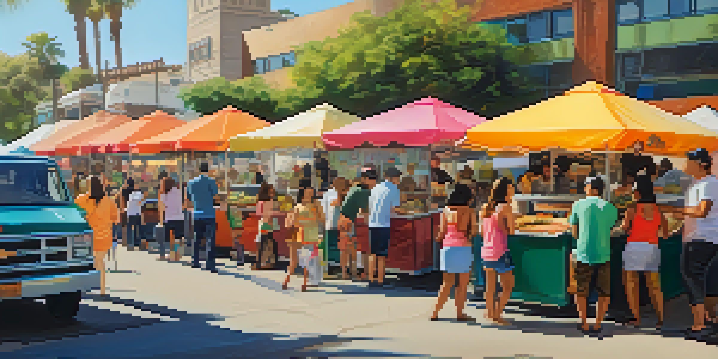 A colorful street food scene in San Diego with diverse food trucks and people enjoying various dishes.