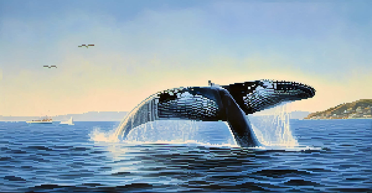 A Pacific gray whale breaching the ocean surface with boats in the foreground.