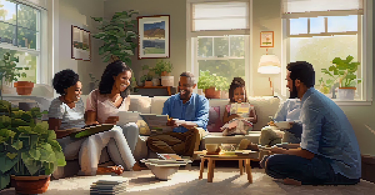 A family in a cozy living room happily reviewing reduced energy bills, with sunlight streaming through the window and plants in the background.