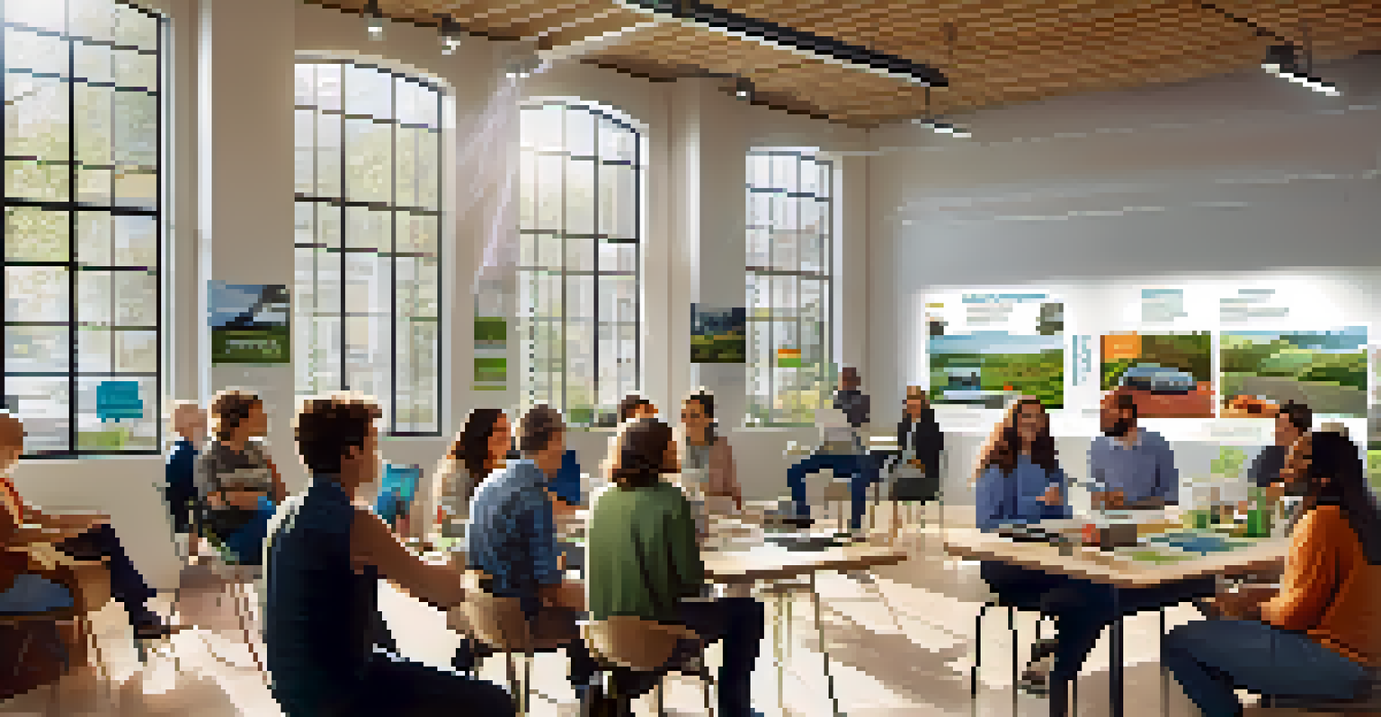 A community workshop with people learning about electric vehicles, surrounded by informative posters and models in a bright room.