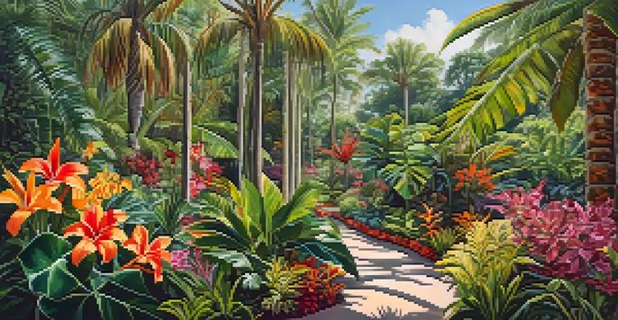 A lush tropical garden with palm trees and colorful flowers, sunlight filtering through the leaves.