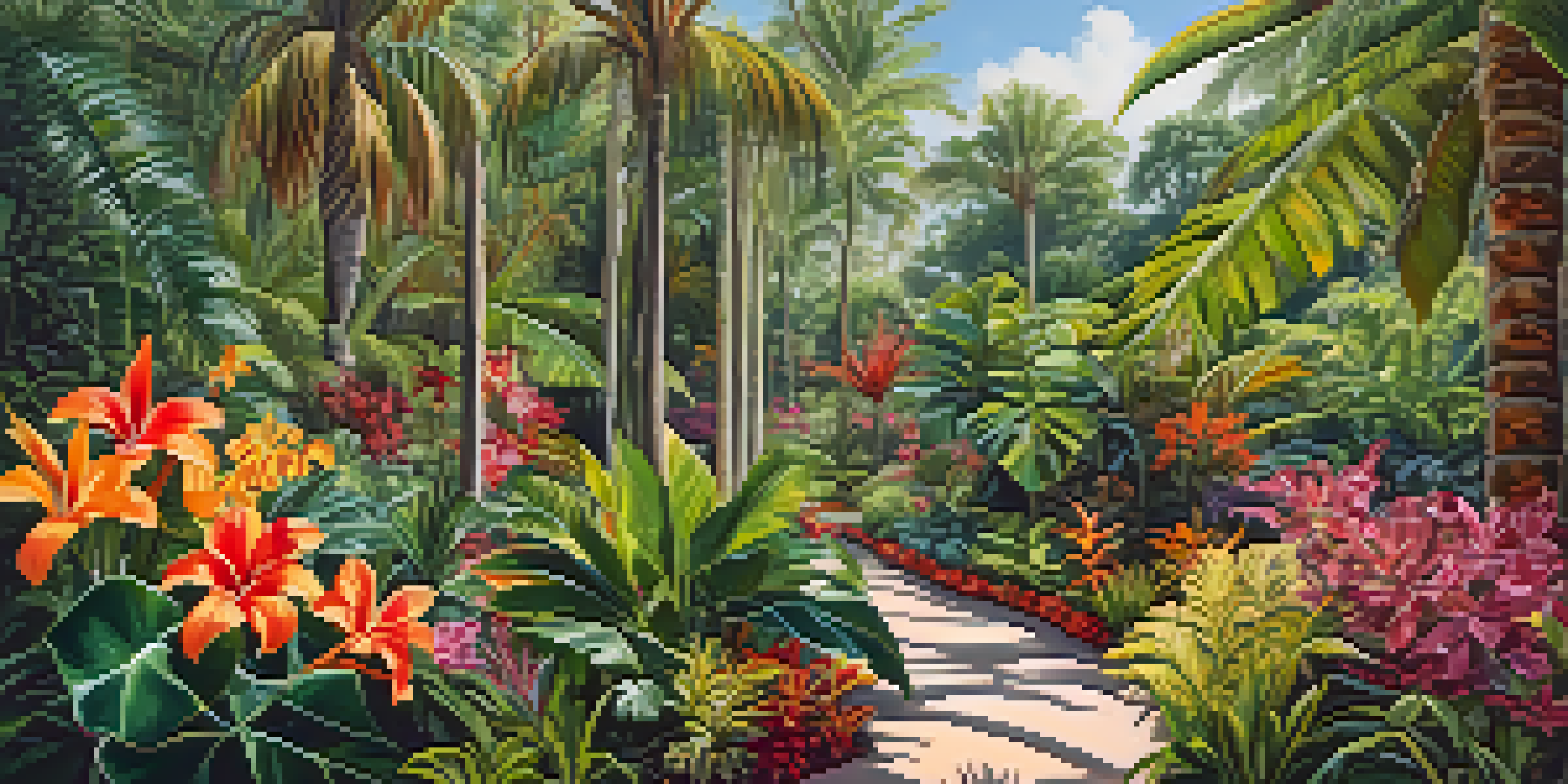 A lush tropical garden with palm trees and colorful flowers, sunlight filtering through the leaves.