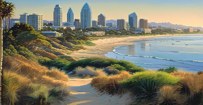 A picturesque view of San Diego's coastline with wetlands and sandy beaches, featuring green vegetation and wildlife under a clear sky.