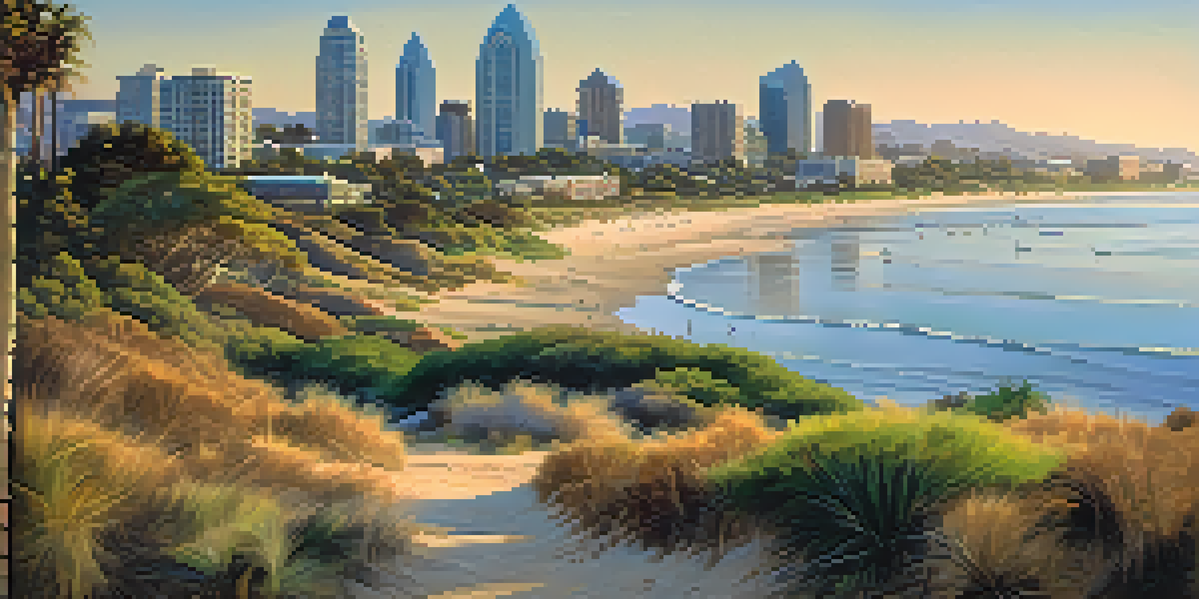 A picturesque view of San Diego's coastline with wetlands and sandy beaches, featuring green vegetation and wildlife under a clear sky.