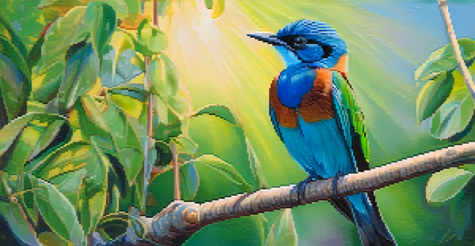 A close-up of a colorful bird with iridescent feathers perched on a branch.