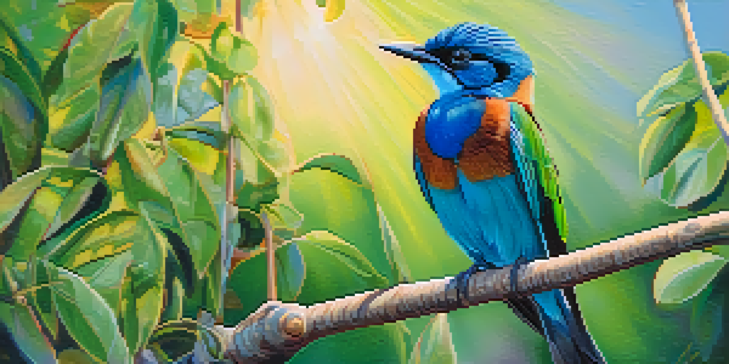 A close-up of a colorful bird with iridescent feathers perched on a branch.