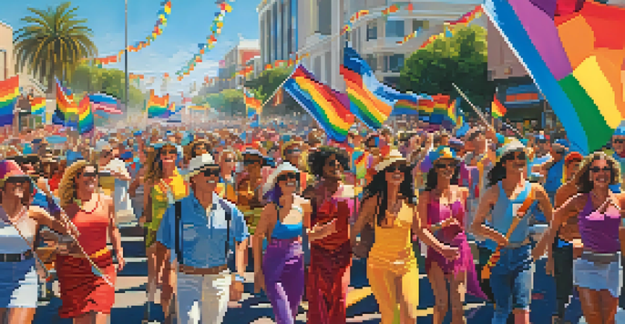 A lively street scene depicting the San Diego Pride Parade with colorful costumes and a diverse crowd celebrating.