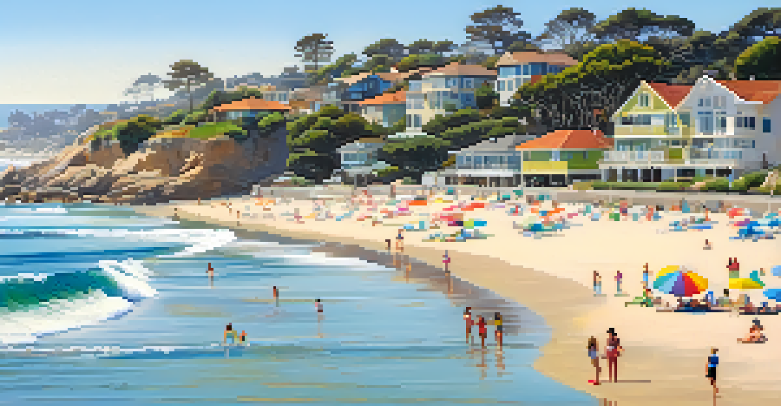 Families enjoying a sunny day at La Jolla Shores with surfers in the ocean and a sandy beach under a clear sky.