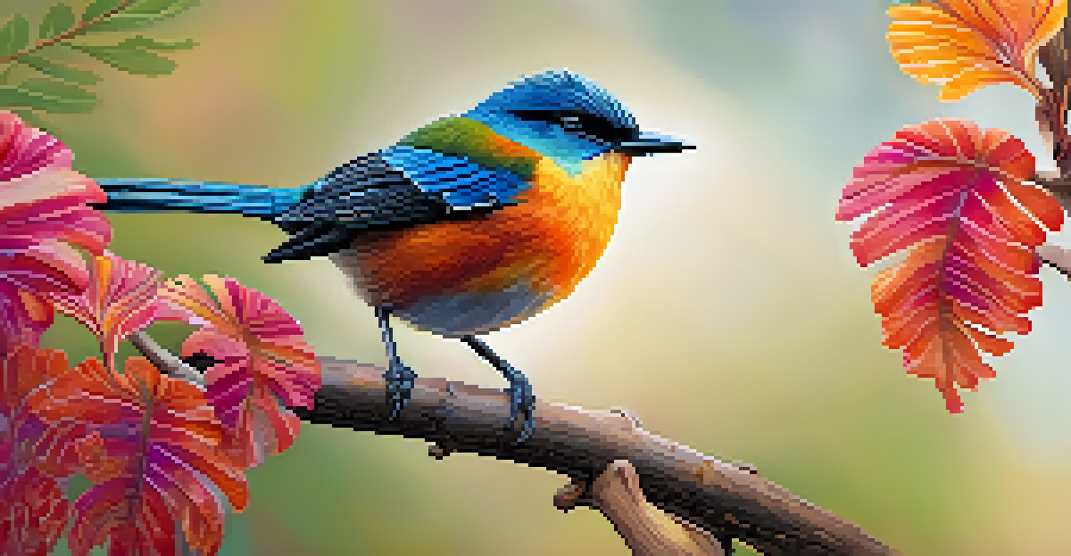 A close-up of a colorful California native bird on a branch, surrounded by lush green leaves and sunlight.