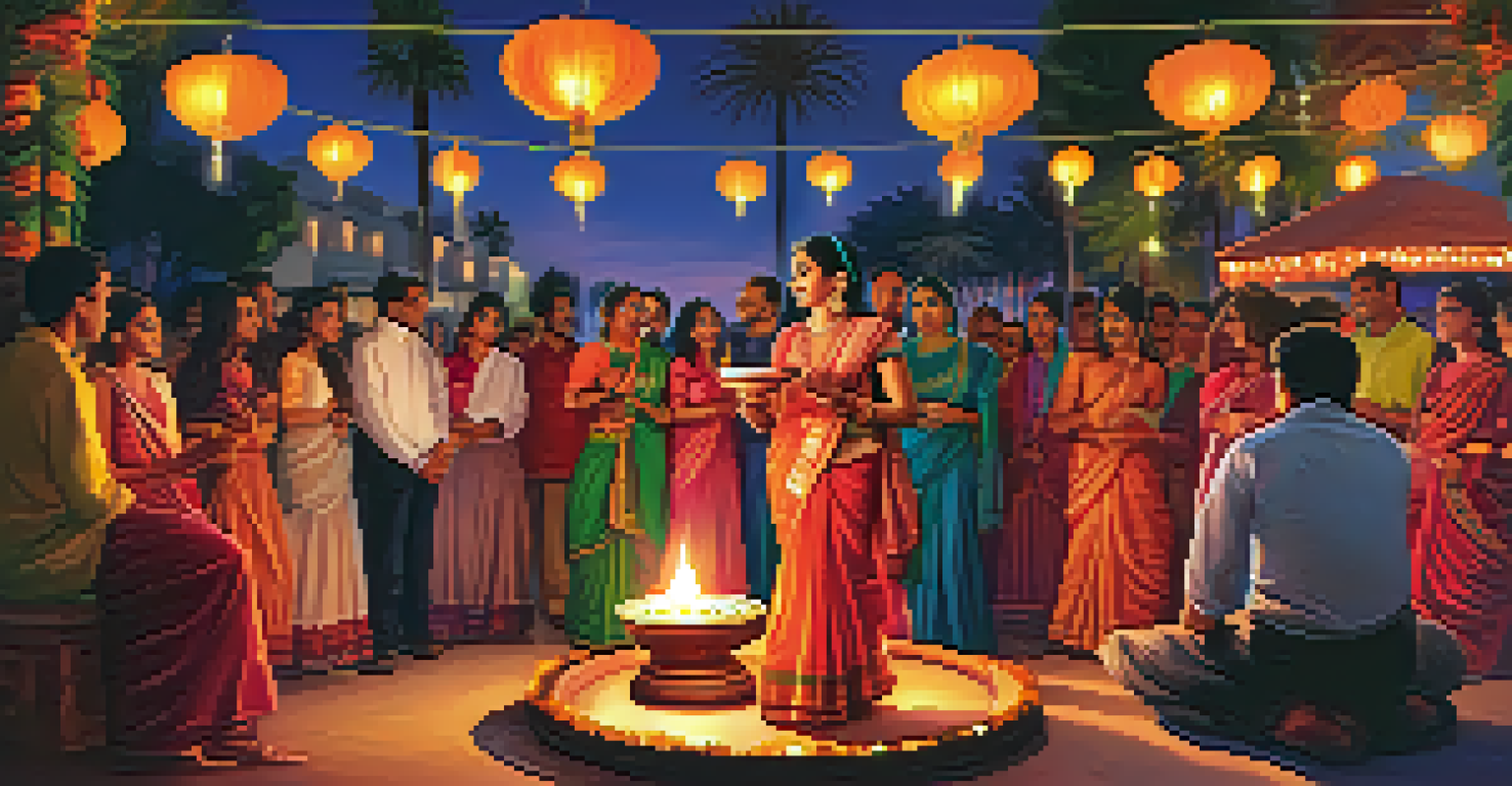 A festive scene of the Diwali Festival with people lighting candles, colorful decorations, and traditional Indian performances.