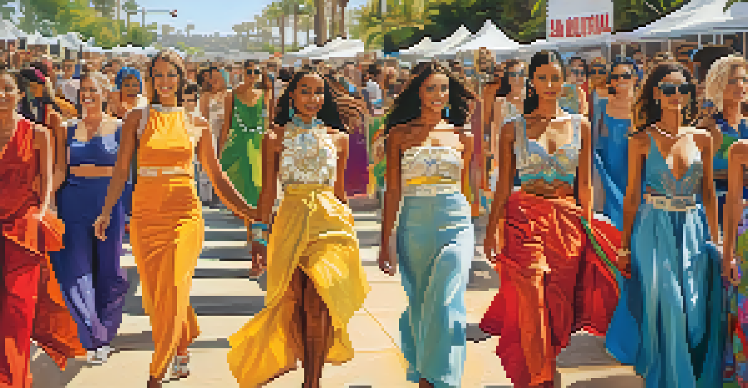 Models walk the runway in eco-friendly fashion at a cultural festival, with an enthusiastic audience and colorful decorations in the background, highlighting San Diego's vibrant fashion scene.