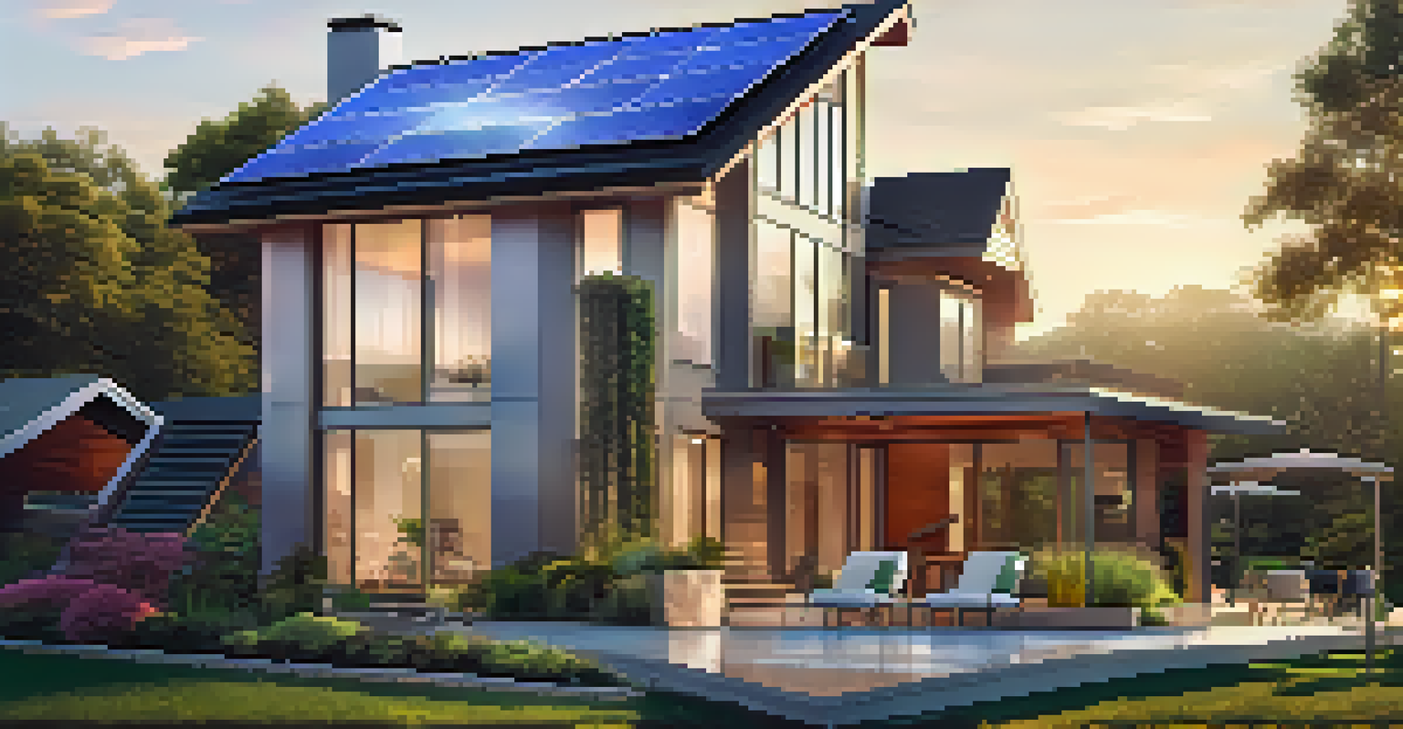 A modern home with solar shingles, surrounded by greenery and a family enjoying outdoor activities.