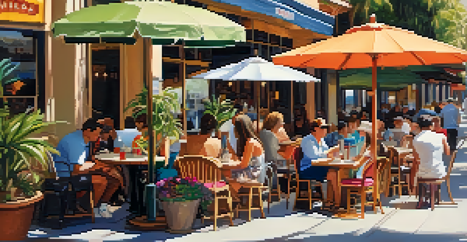 Outdoor cafe patio in San Diego with colorful umbrellas and patrons enjoying meals.