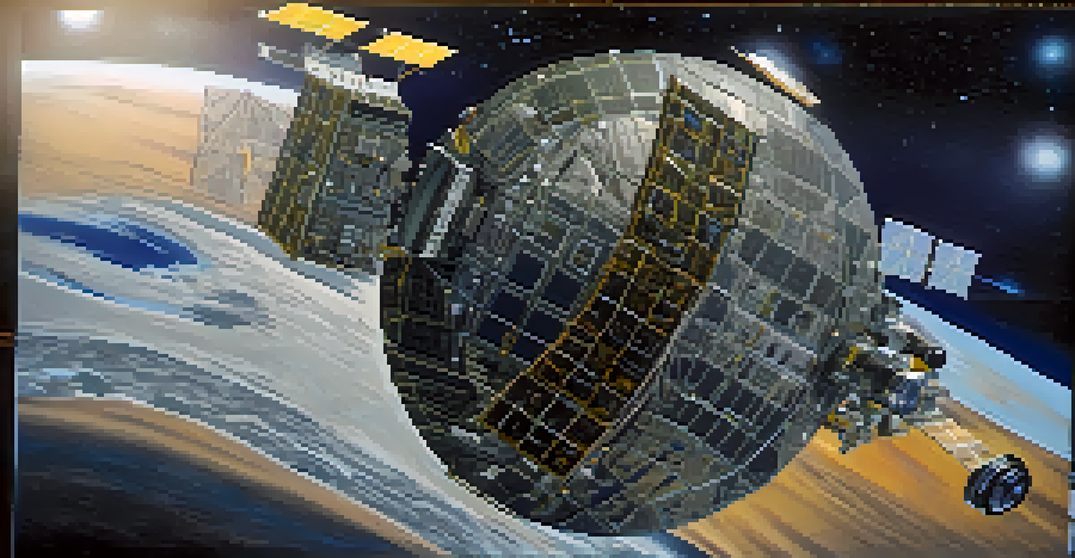 A close-up view of a high-tech satellite being tested in a laboratory, showcasing intricate details and aerospace instruments in the background.