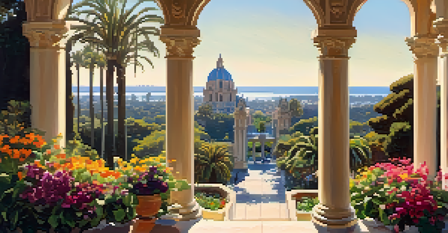 A panoramic view from a tower, featuring gardens and the ocean beyond, bathed in sunlight.