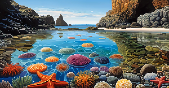A tide pool filled with colorful sea stars, sea urchins, and anemones, surrounded by rocky textures and illuminated by sunlight under a clear blue sky.