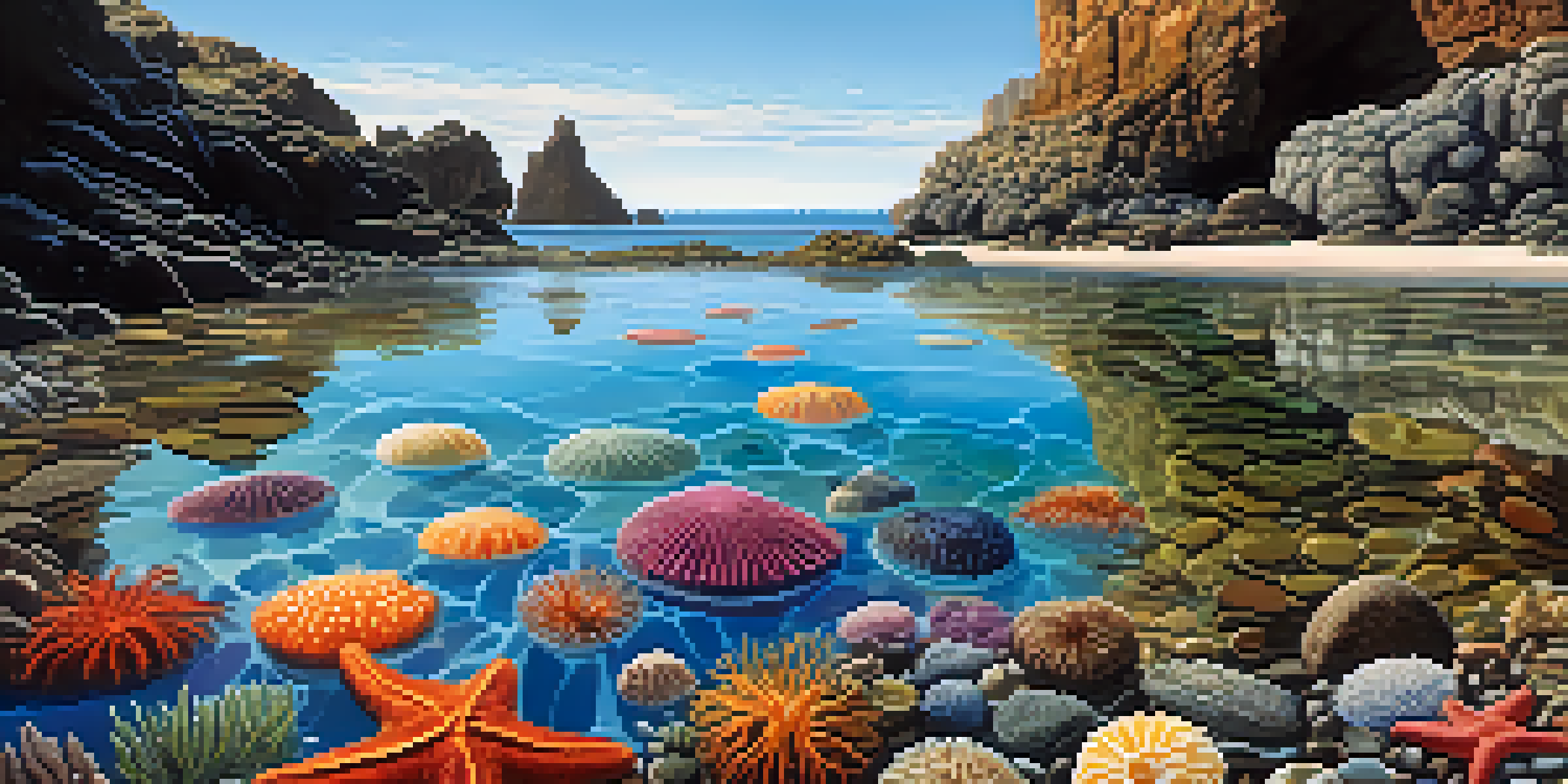 A tide pool filled with colorful sea stars, sea urchins, and anemones, surrounded by rocky textures and illuminated by sunlight under a clear blue sky.