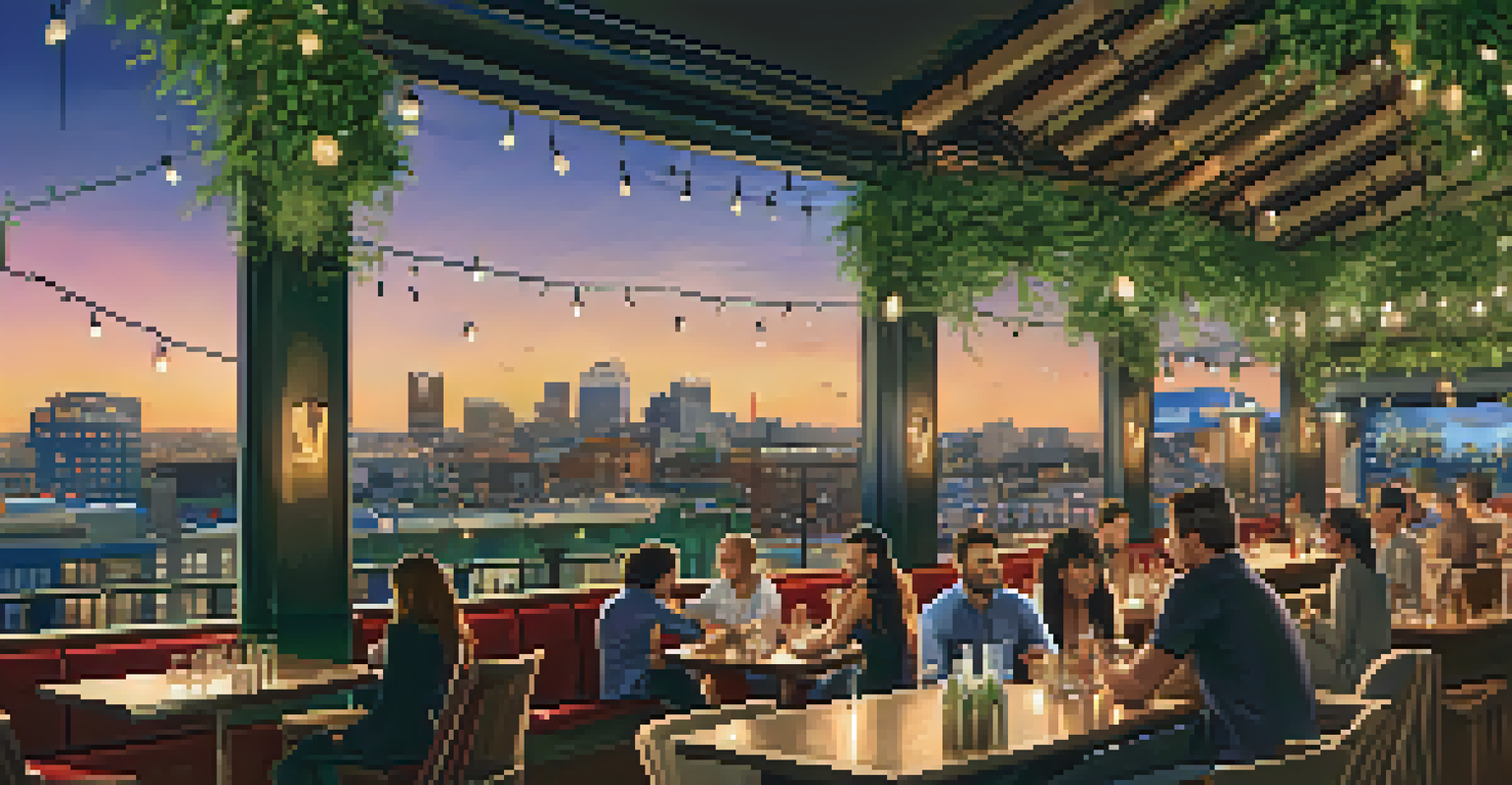A rooftop bar in the Gaslamp Quarter with city skyline views, patrons enjoying drinks, and fairy lights.
