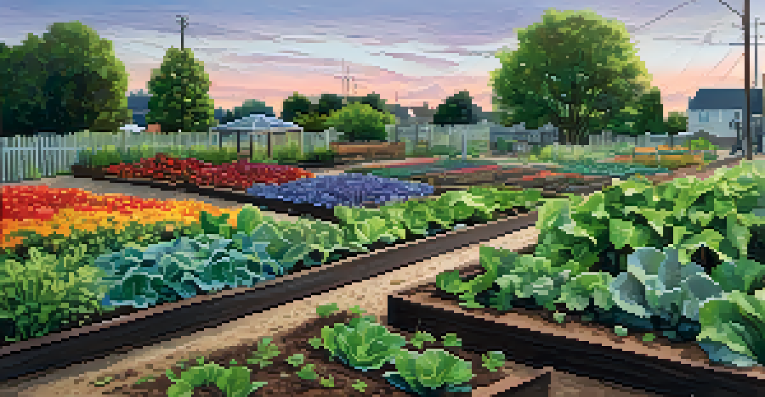 A close-up of a community garden plot with native plants, vegetables, and a personal sign.