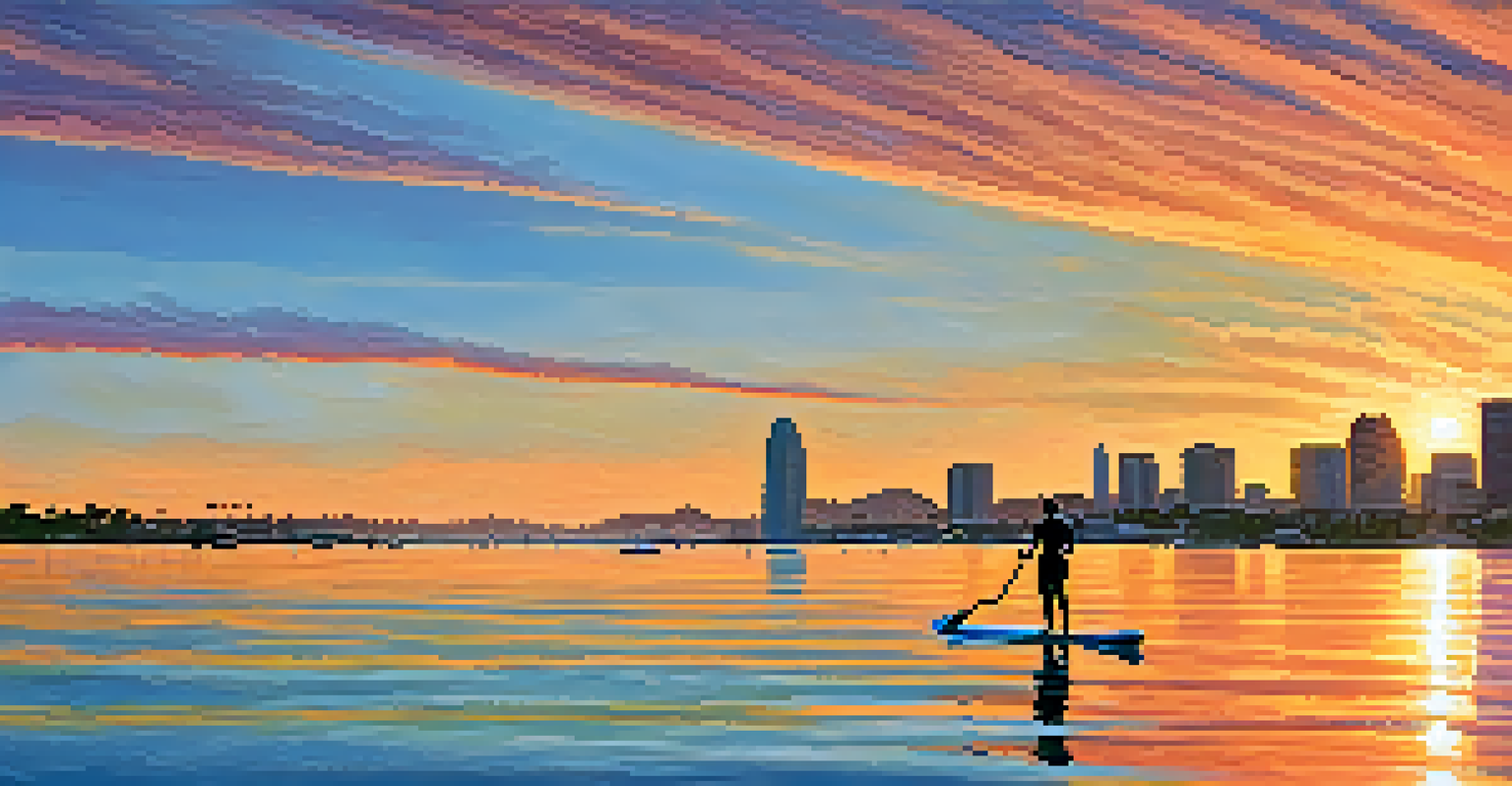 A paddleboarder on San Diego Bay at sunset, with the city skyline silhouetted against a colorful sky.