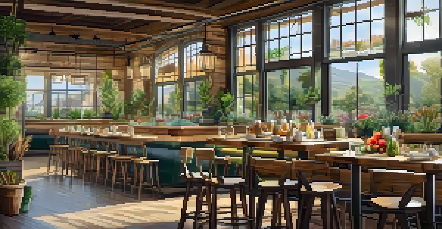An eco-friendly restaurant in San Diego with a rustic wooden exterior and interior filled with natural light, featuring fresh organic produce.