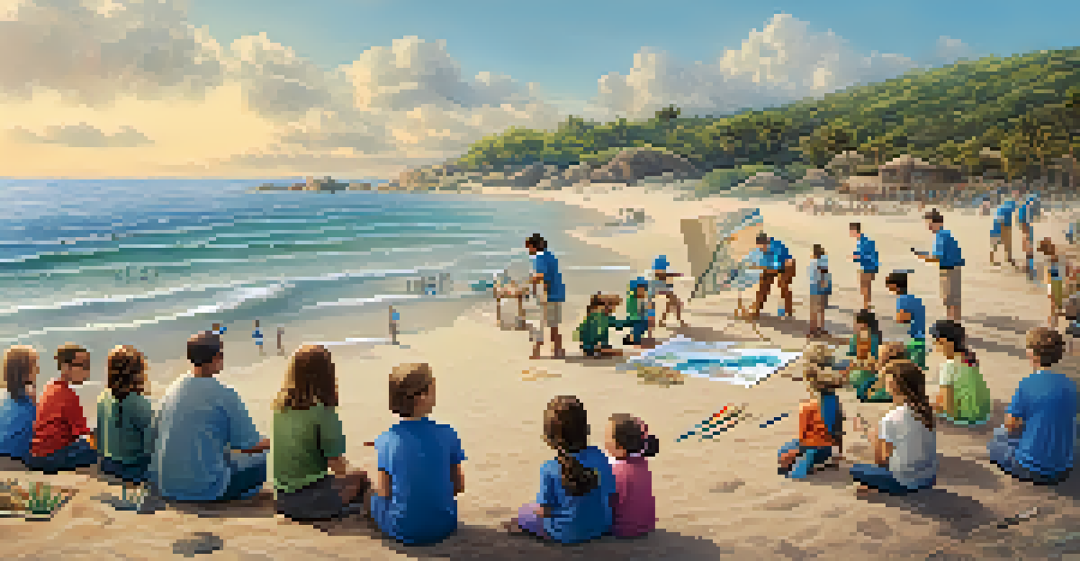 A group of people participating in a marine conservation workshop on the beach, led by a marine biologist, with educational materials around them.