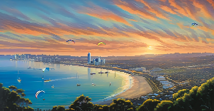 Aerial view of San Diego's coastline at sunset, with paragliders in the sky and the city's skyline in the background.
