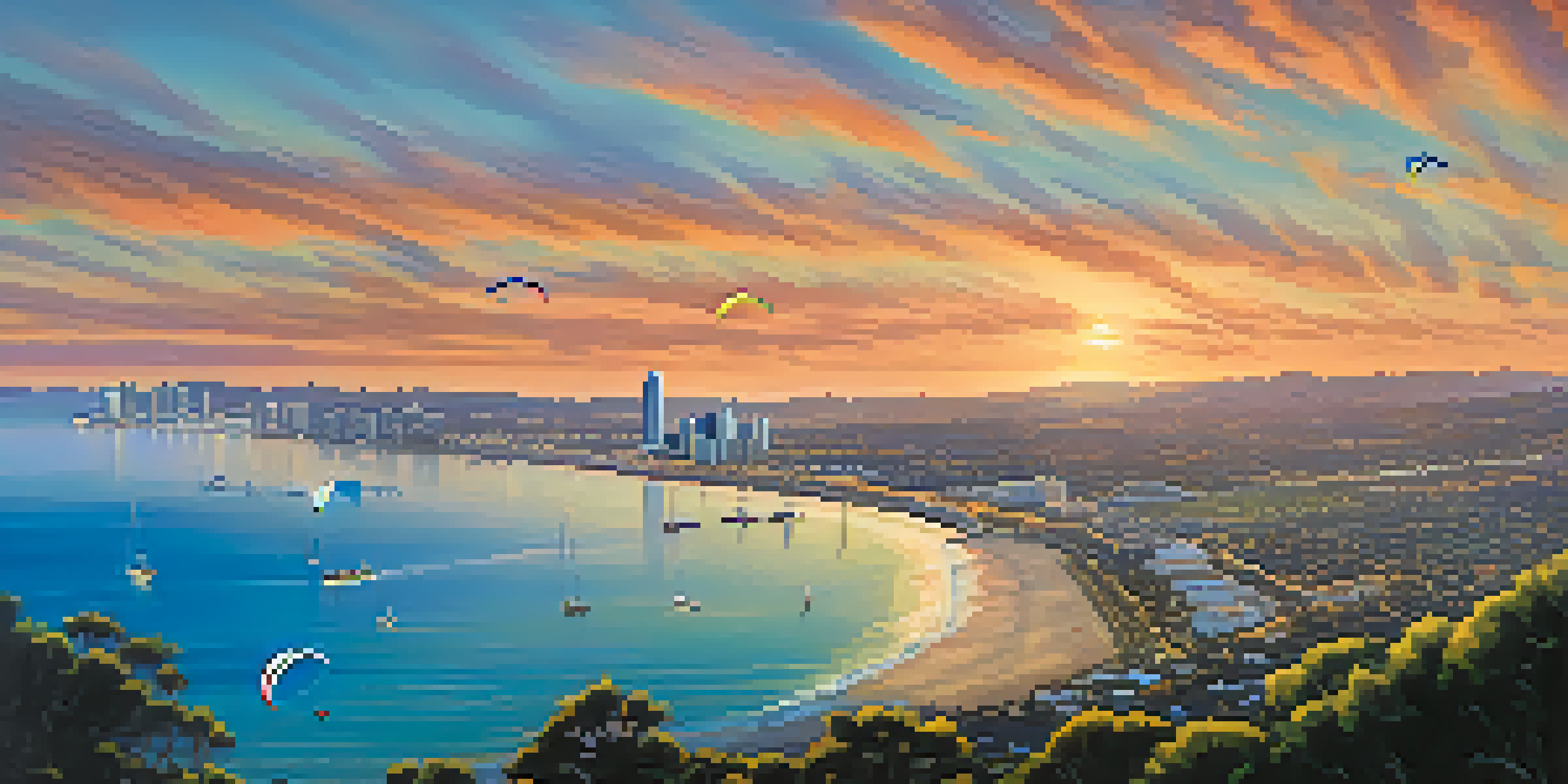 Aerial view of San Diego's coastline at sunset, with paragliders in the sky and the city's skyline in the background.