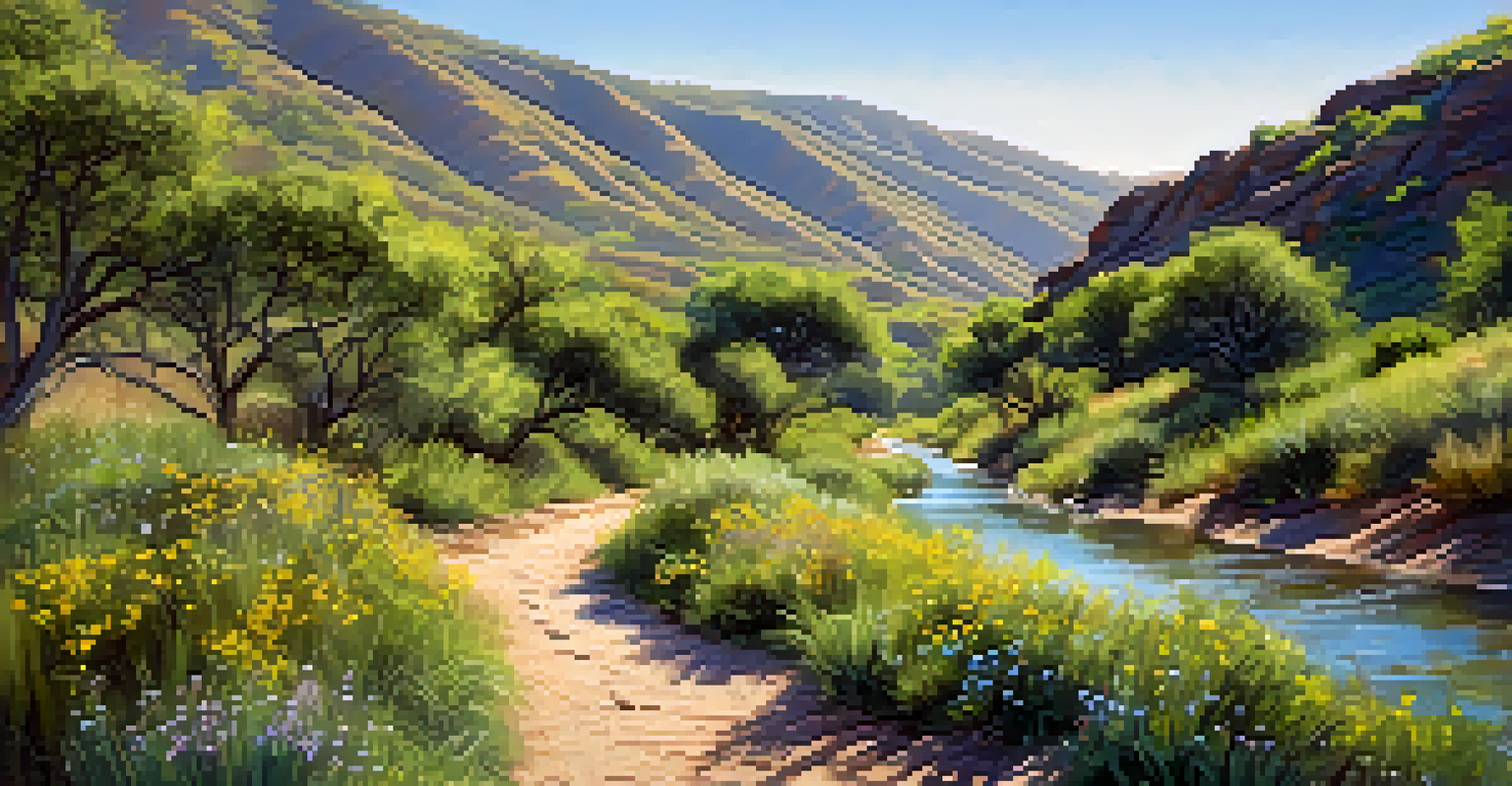 A picturesque trail in Mission Trails Regional Park with greenery and a river.