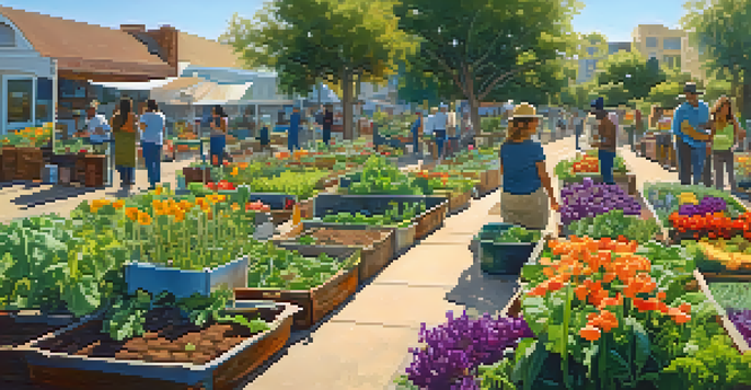 A colorful community garden with people gardening, flowers, and vegetables in San Diego under bright sunlight.